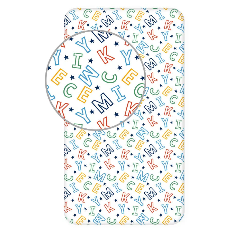 Долен чаршаф с ластик 90/200 Mickey Mouse, цветен десен с букви и звезди.