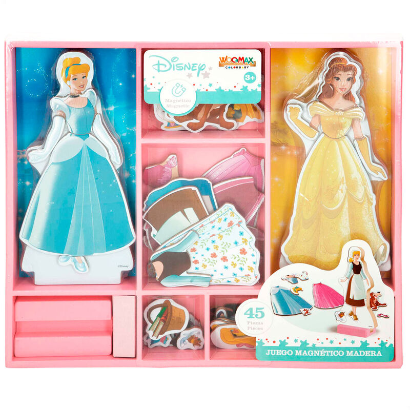 Дървен Магнитен Комплект Disney Princess– 54 Части с фигурки на Пепеляшка и Бел, цветни магнитни дрехи за игра.