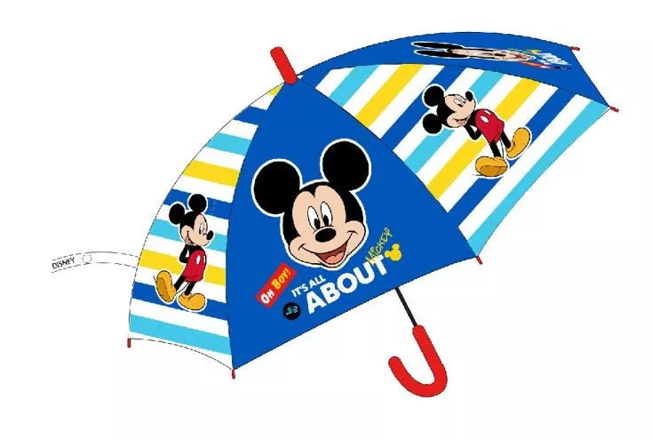 Детски чадър Mickey Mouse с ярки цветове и картинки на Мики Маус, идеален за детски игри и дъждовни приключения.