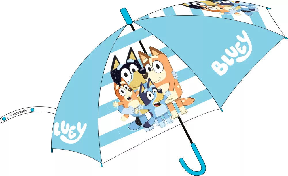 Детски чадър Bluey с изображения на героите от анимацията, идеален за дъждовни дни и приключения.