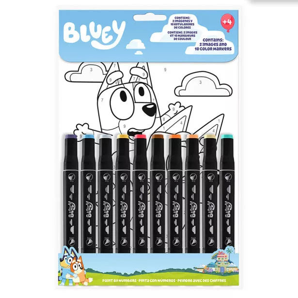 Комплект за оцветяване Bluey с цветни маркери и номерирани картинки за детска креативност.