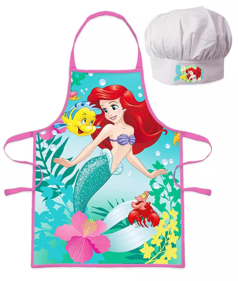 Детска престилка и шапка за готвене Ariel с рисунки на Ариел и приятели, идеални за детски игри и подарък за момиче.