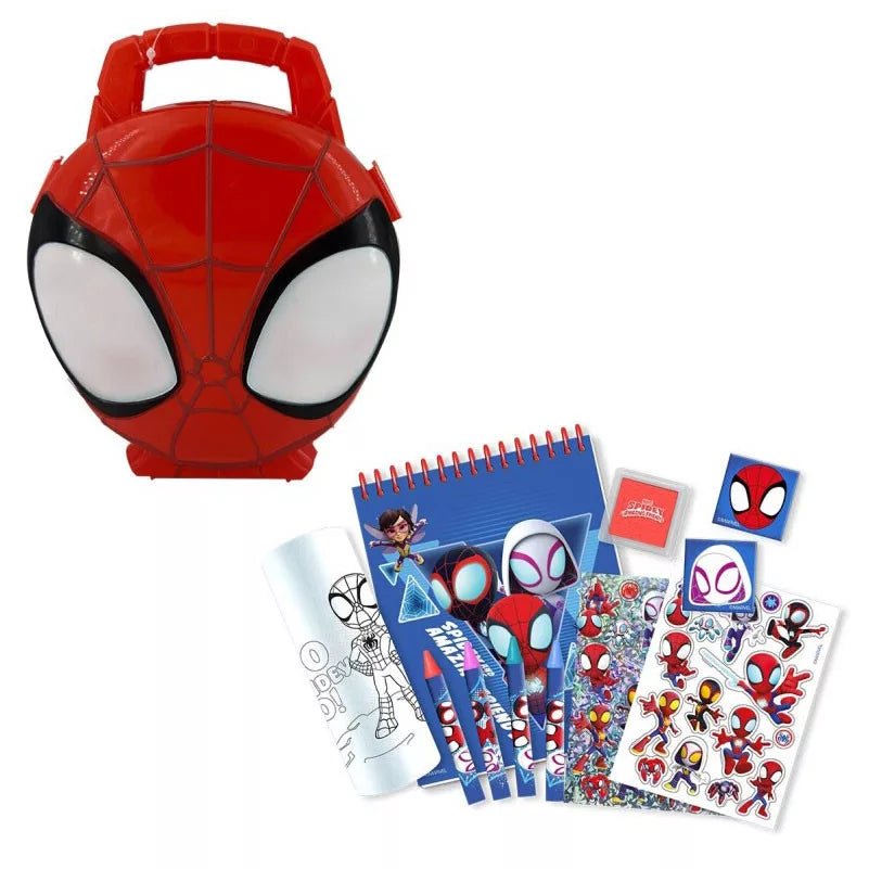 Куфар за рисуване Spiderman с принадлежности за рисуване, многоцветна тетрадка и стикери.