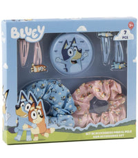 Детски комплект аксесоари за коса Bluey - 7 части със сатенени скрънчита, фиби и тематична кутия за деца