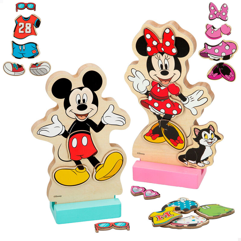 Disney Дървен Магнитен Комплект Mickey & Minnie – 54 Части с фигури на Мики и Мини, магнитни дрехи и аксесоари.