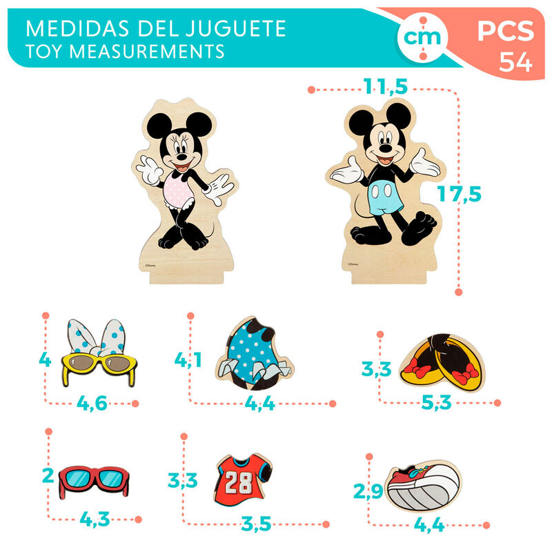 Disney Дървен Магнитен Комплект Mickey & Minnie – 54 Части с размери на фигурите и аксесоарите.