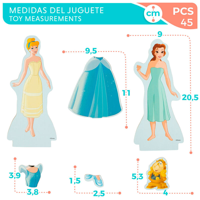 Дървен магнитен комплект Disney Princess - 38 части с фигури и размери на играчките.