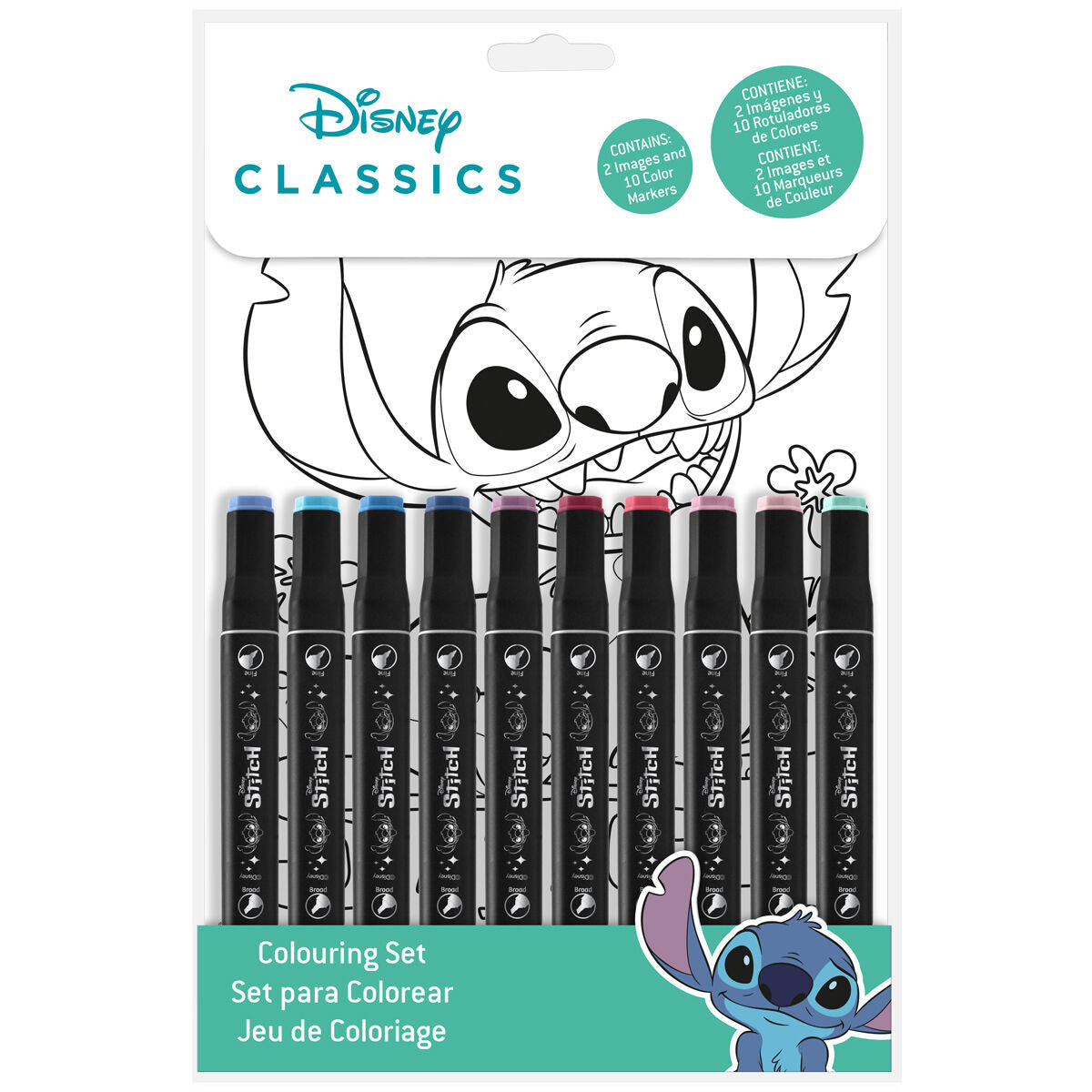 Комплект за оцветяване Lilo&Stitch с 10 флумастера, перфектен за малки художници и любители на Лило и Стич.