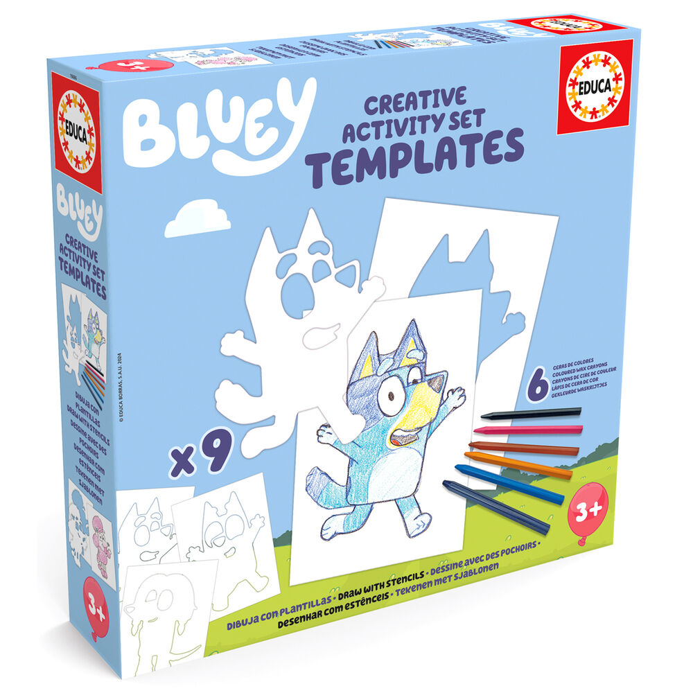 Творчески комплект за рисуване с шаблони Bluey, включва 9 шаблона и 6 цветни молива, подходящ за деца над 3 години.