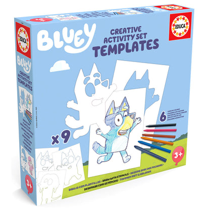 Творчески комплект за рисуване с шаблони Bluey, включва 9 шаблона и 6 цветни молива, подходящ за деца над 3 години.