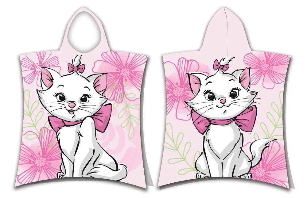 Детско пончо за плаж Marie с изображение на котката Мари и цветя в розов цвят.