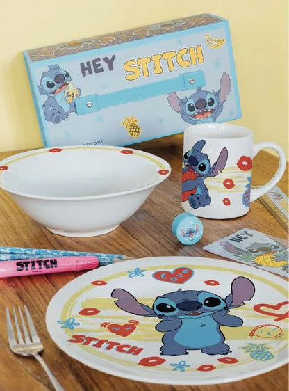 Керамичен сервиз за хранене Stitch с чаша, купа и чиния, подходящ за деца