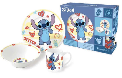 Керамичен сервиз за хранене Stitch с чаша, купа и чиния, идеален за детски обяд или вечеря.