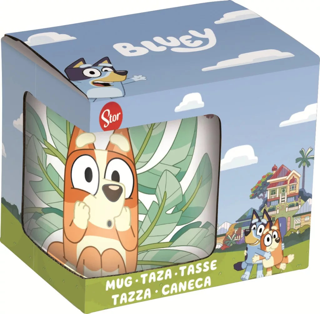 Керамична чаша Bluey & Bingo в опаковка с изображения на Блуи и мишка, цветен дизайн.