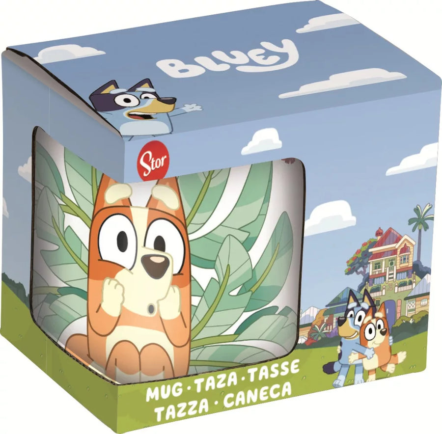 Керамична чаша Bluey & Bingo в опаковка с изображения на Блуи и мишка, цветен дизайн.