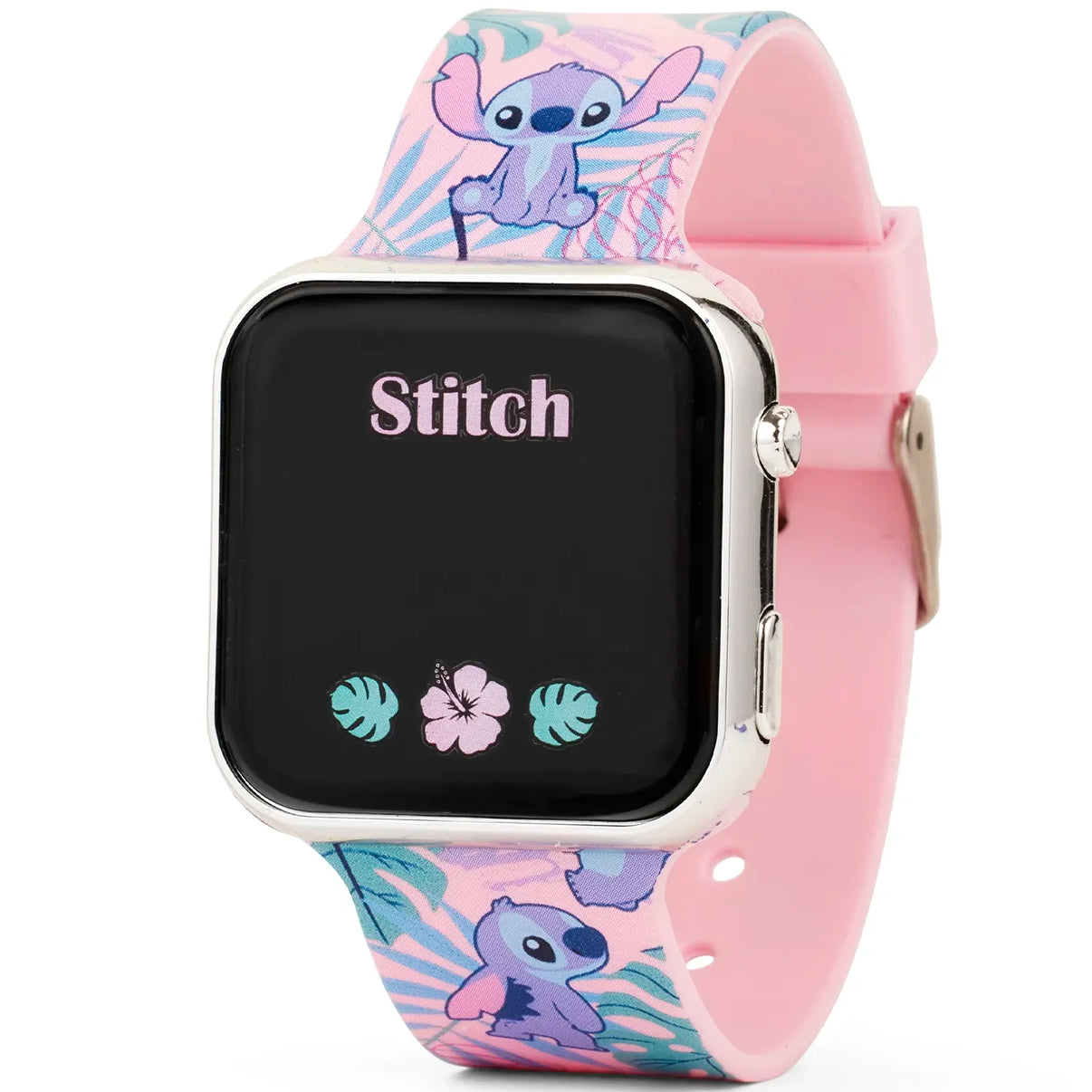 Детски LED часовник Stitch с розова каишка и дисплей, показващ анимационен герой Стич, идеален за деца.