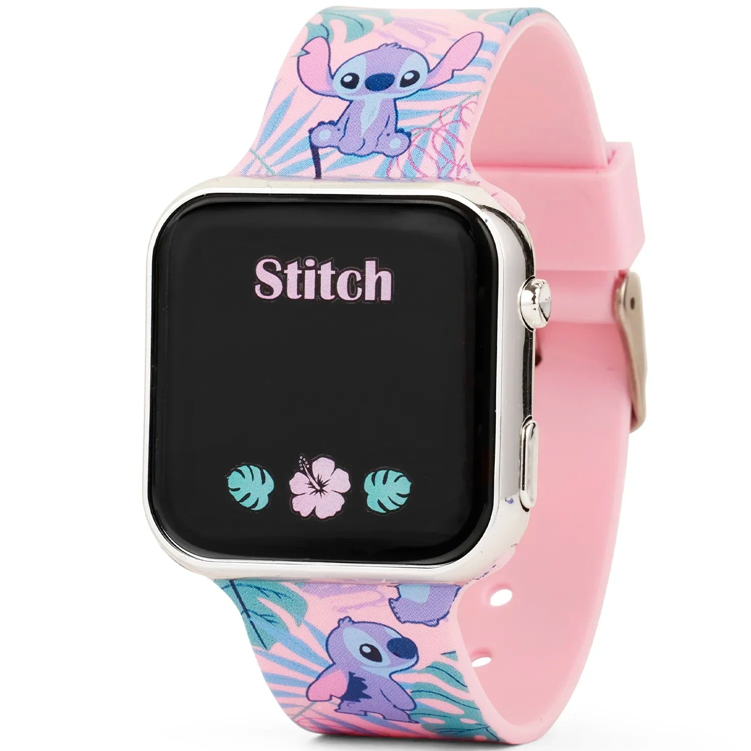 Детски LED часовник Stitch с розова каишка и дисплей, показващ анимационен герой Стич, идеален за деца.