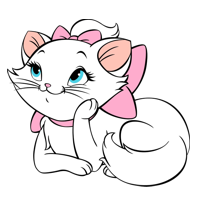 Котка с бяла козина и розов лък, усмихната и замислена на цветен фон.