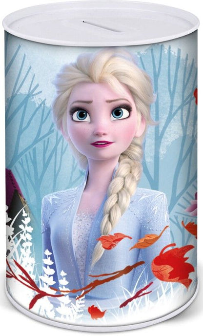 Метална касичка Frozen с изображение на Елза от Замръзналото кралство, идеална за спестявания и подарък за деца.