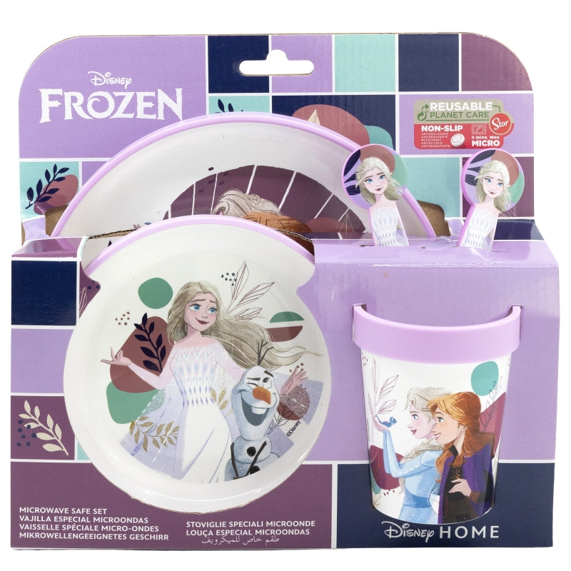 Комплект за хранене Frozen с чиния, купа, прибори и чаша, идеален за детски игри и подарък за момиче.