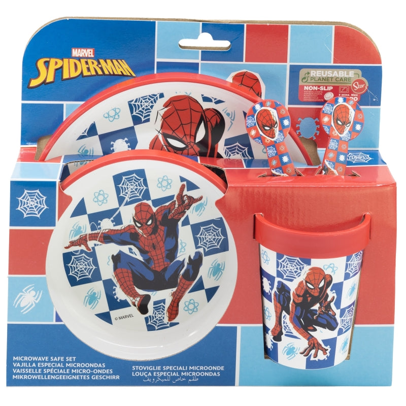 Комплект за хранене Spideman с чиния, купа, прибори и чаша, не плъзгаща се основа.