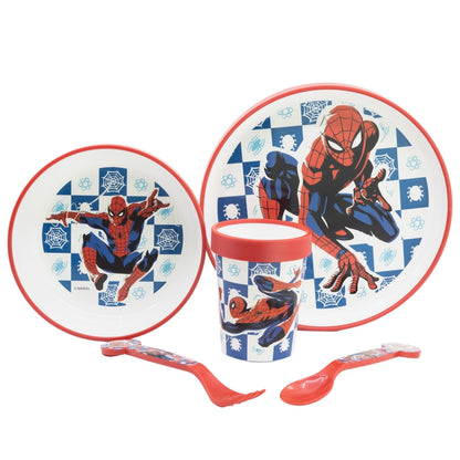 Комплект за хранене Spideman: чиния, купа, чаша и прибори с Spider-Man декорации.