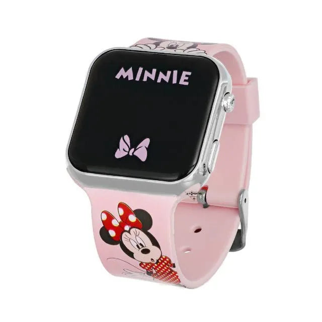 LED Детски часовник Minnie Mouse с розова каишка и изображение на Мини Маус.