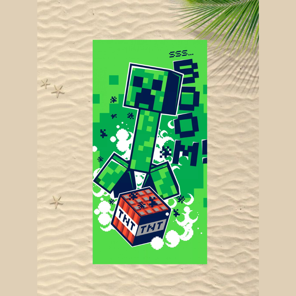 Памучна детска хавлия Minecraft с изображение на Creeper и TNT блока, идеална за детски игри и приключения.