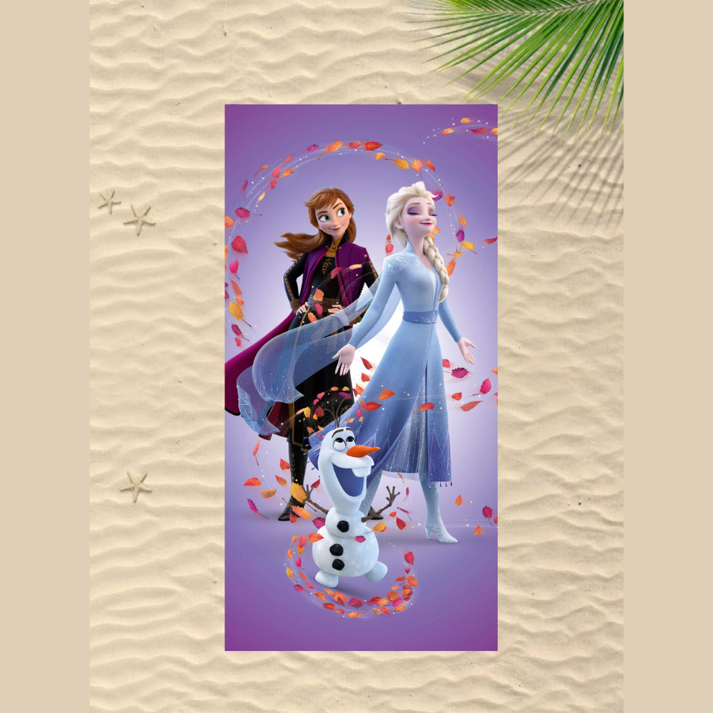 Памучна детска хавлия за плаж Frozen с Ана, ЕLSA и Олаф на цветен фон.