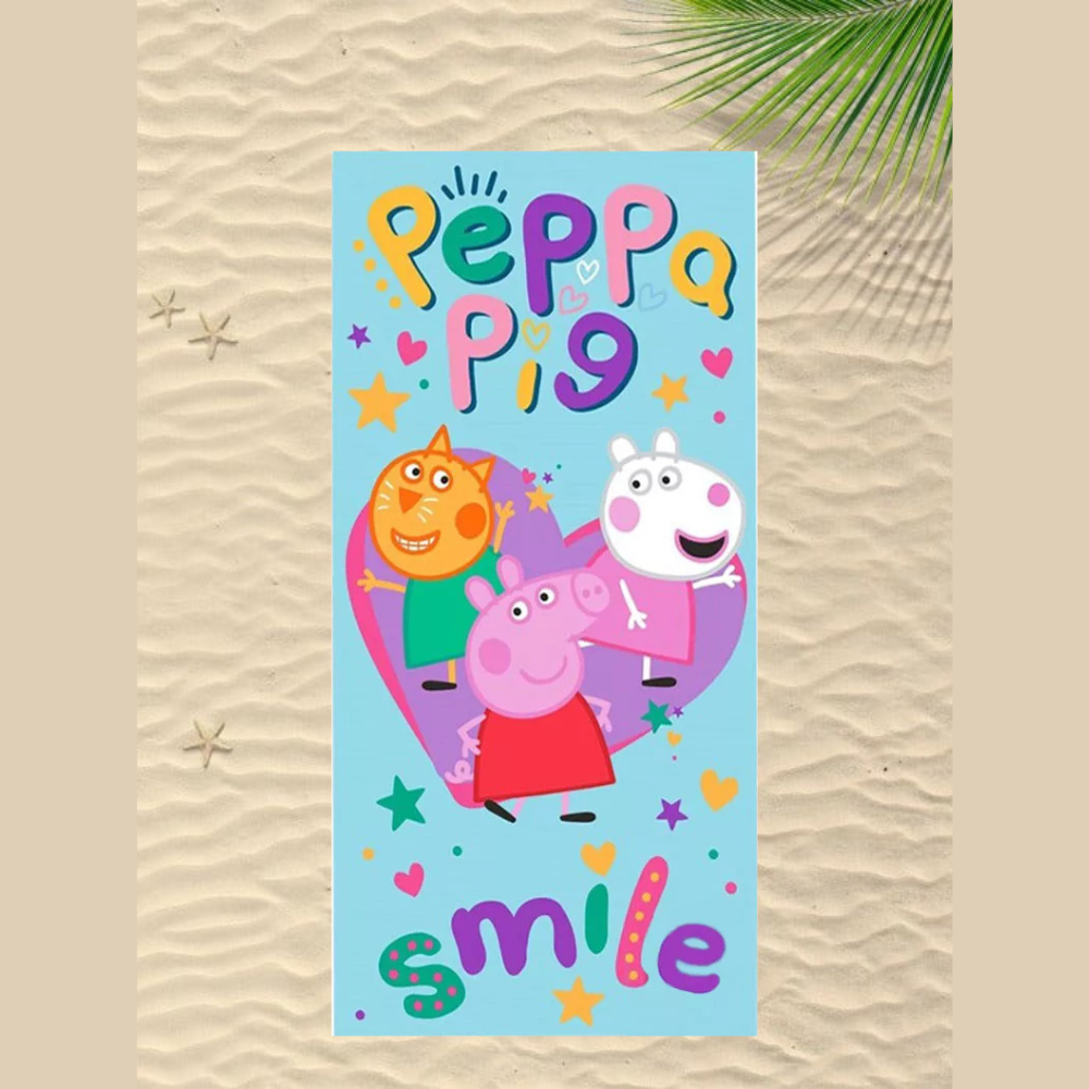 Памучна детска хавлия за плаж Peppa Pig с усмихнати герои и цветни детски мотиви.