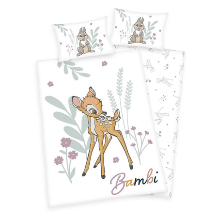 Детско спално бельо Bambi с изображения на Бамби и цветя, идеално за уютен детски кът.