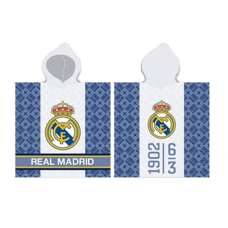 Детско пончо за плаж Real Madrid – 100% памук с качулка, 120x60 см