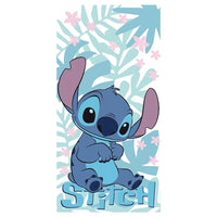 Светлосиня памучна детска хавлия Disney Stitch с тропически листа и цветя, размер 140x70 см, 100% памук