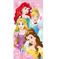 Розова памучна детска хавлия Disney Princess с Ариел, Пепеляшка, Рапунцел и Бел, размер 140x70 см, 100% памук