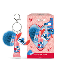 Комплект гланцове с помпон и ключодържател Stitch - розов комплект lip gloss с аромат ягода, блестящ гланц и пухкав син помпон ключодържател
