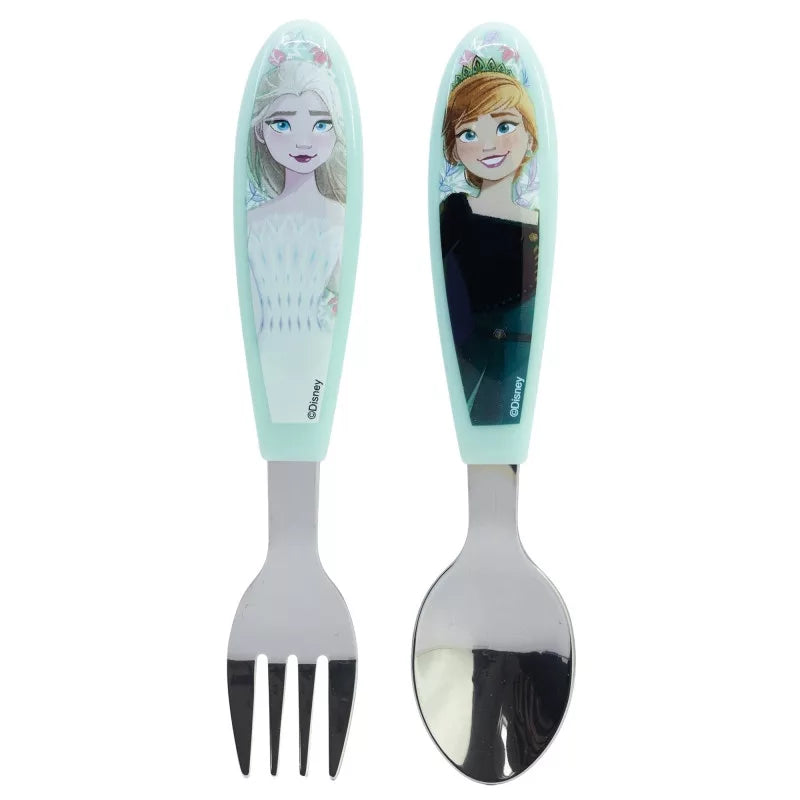 Детски прибори за хранене Frozen - лъжица и вилица с Ана и Елза на цветен фон.