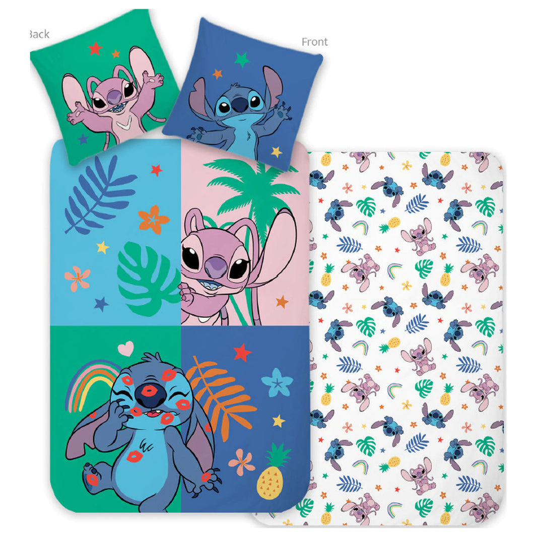 Двулицево детско спално бельо Disney Stitch Joyful Jungle с тропически мотиви, плик 140x200 см и калъфка 70x90 см, 100% памук
