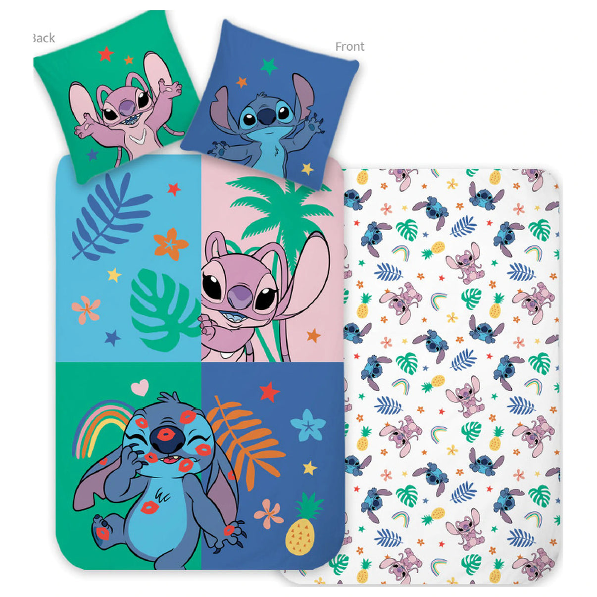 Двулицево детско спално бельо Disney Stitch Joyful Jungle с тропически мотиви, плик 140x200 см и калъфка 70x90 см, 100% памук