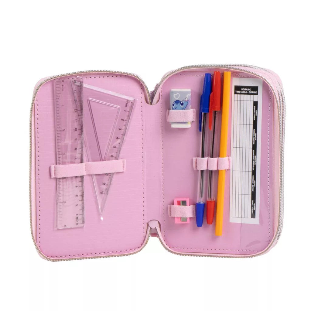 Ученически несесер Stitch - С 3 ципа, отворен с цветни писалки, линийки и канцеларски принадлежности.