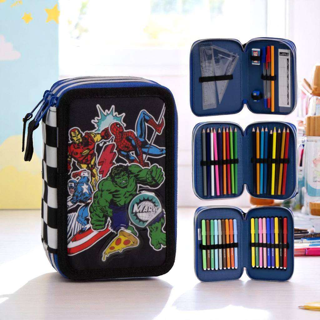 Ученически несесер Avengers - с 3 ципа с ярки картинки и пълно с ученически принадлежности