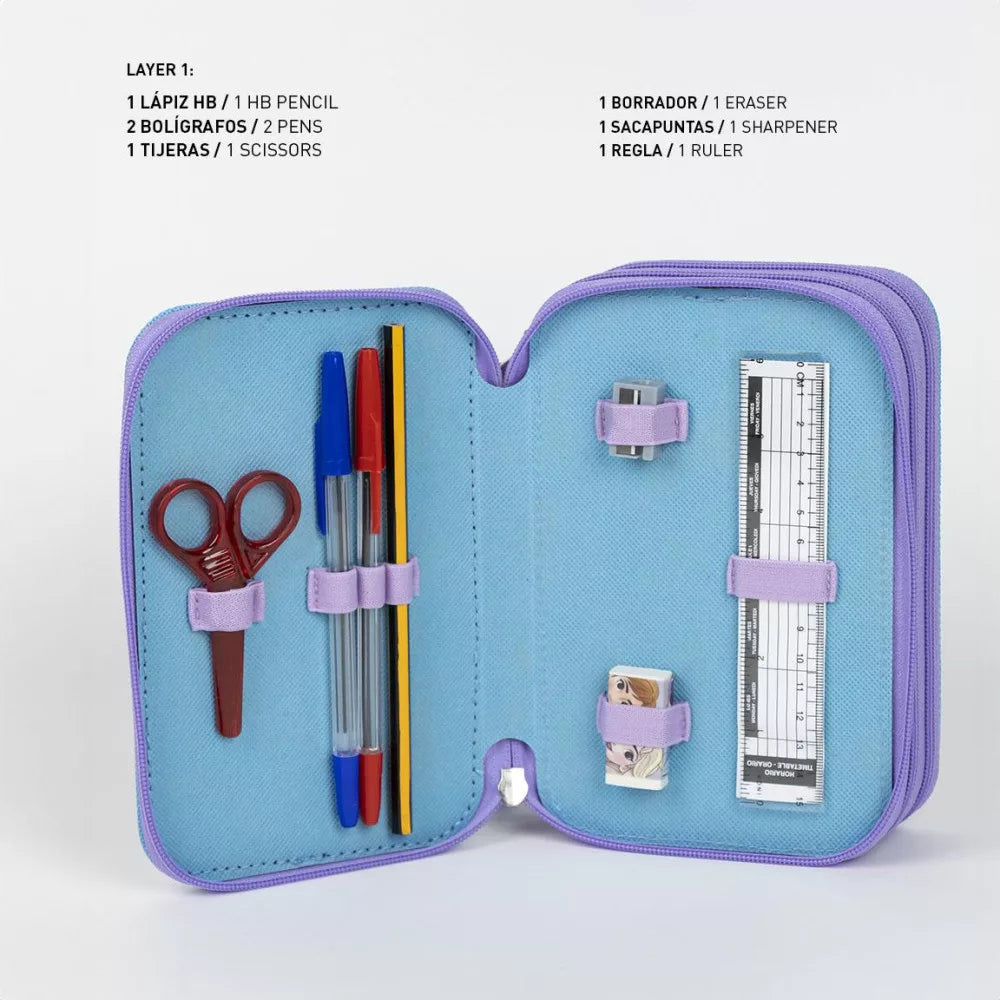 Ученически несесер Frozen - С 3 ципа, отворен с ученически принадлежности вътре, като ножици, химикалки и линия.