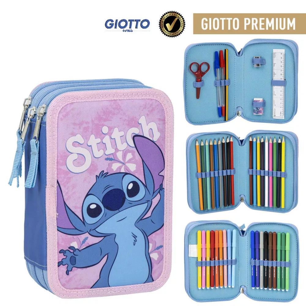 Ученически несесер Stitch - С 3 ципа с множество пособия и цветни моливи, идеален за училище.