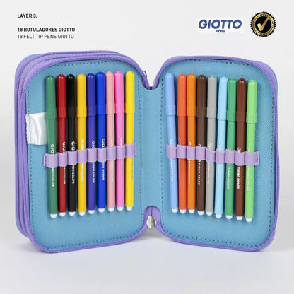 Ученически несесер Frozen - С 3 ципа с комплекти цветни маркери Giotto в синьо