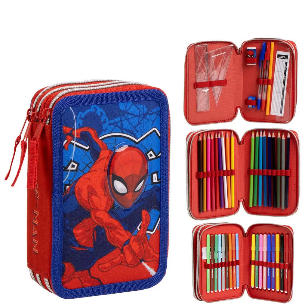 Ученически несесер Spiderman - С 3 отделения с цветни моливи и ученически принадлежности